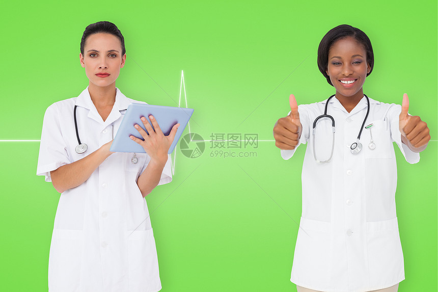 医疗队综合形象图团队快乐从业者护士女性头发平板滚动服务监视器图片