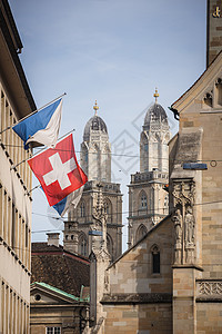 苏黎世 瑞士  Fraumnste后面的格罗斯门斯特塔蓝色游客新教建筑旅游建筑学历史城市访问上帝背景