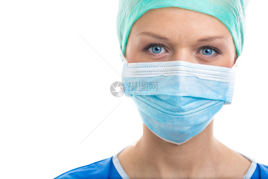 白色背景女医生外科医生的肖像蓝色处方医师诊所保健卫生工具女孩从业者药品图片