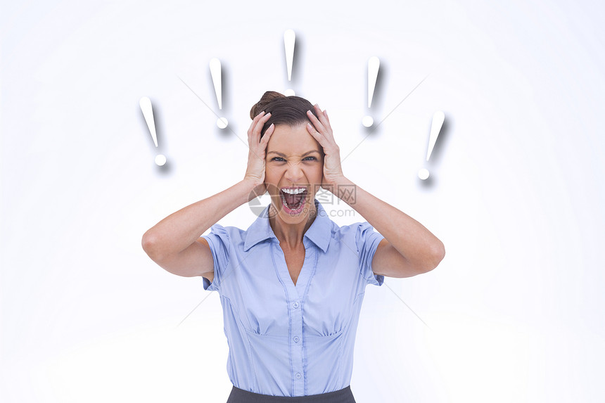 身戴手顶的紧张女商务人士形象综合图象衬衫计算机挫折数字商务商业愤怒女性女士标点图片