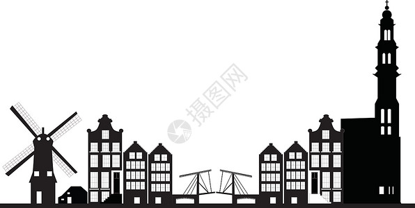 荷兰风车景观AMstrdam 天线特丹建筑物建筑学绘画生活商业教会景观酒店黑色插画