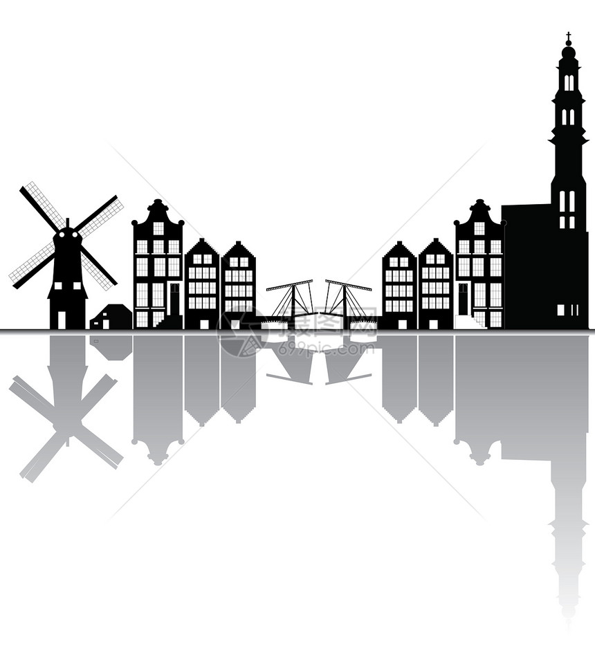AMstrdam 天线建筑物城市生活绘画特丹景观教会酒店风车商业图片