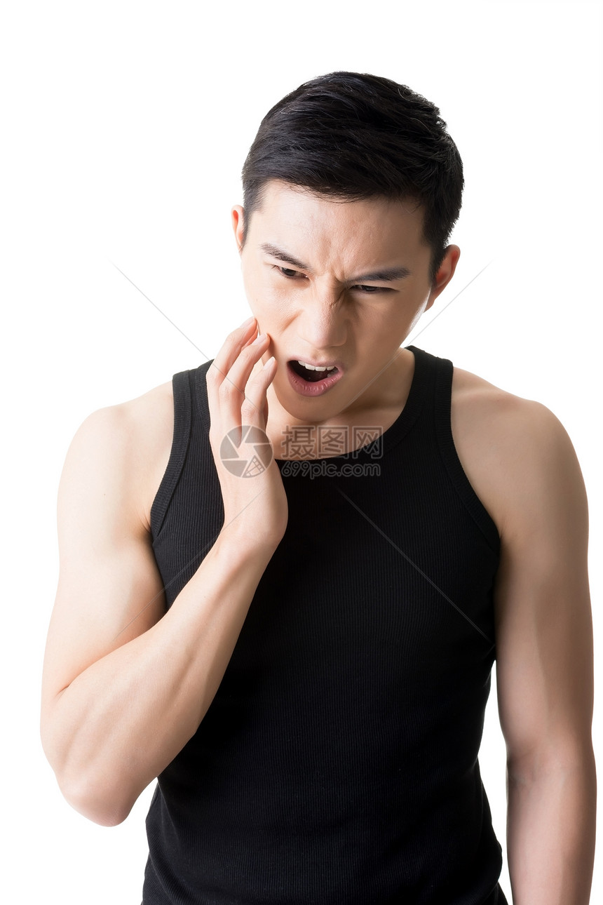 带牙痛的亚洲青年男子姿势男人卫生疼痛病人牙齿疾病焦虑困惑痛苦图片