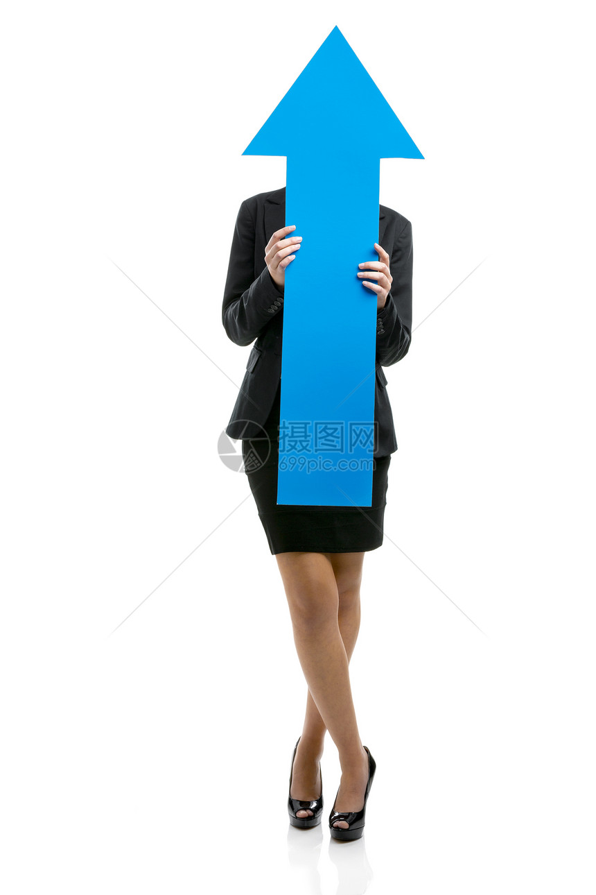 持有蓝箭的女商务人士指挥成功办公室采摘女孩全身女士管理人员箭头蓝色图片