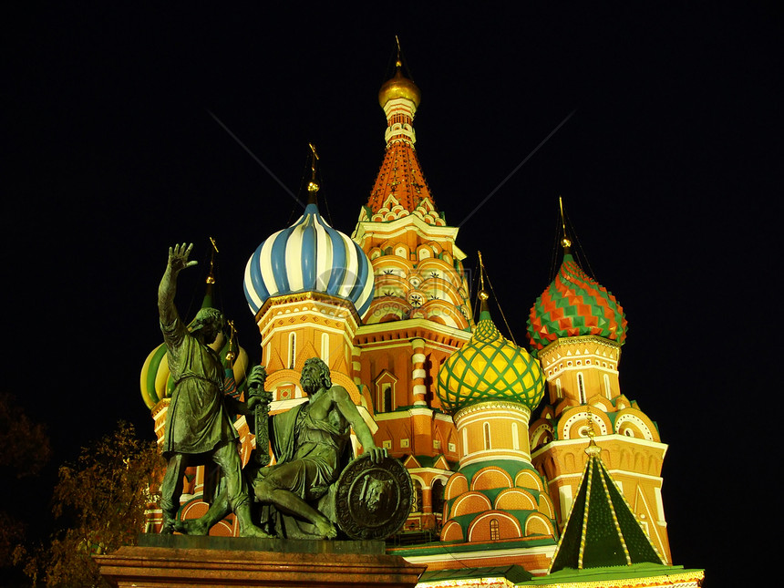 俄罗斯莫斯科 瓦西里教堂 夜间神圣的圣洁之夜大教堂纪念馆纪念碑全景游客城市正方形景观宗教教会图片