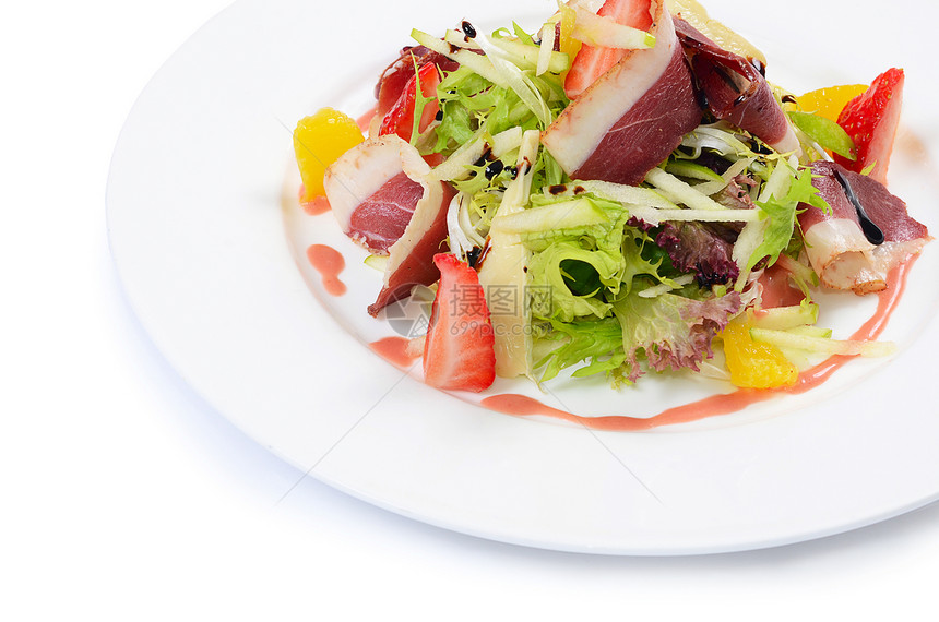 带熏鸭的沙律鱼片胸部营养午餐家禽蔬菜美食茶点盘子宏观图片