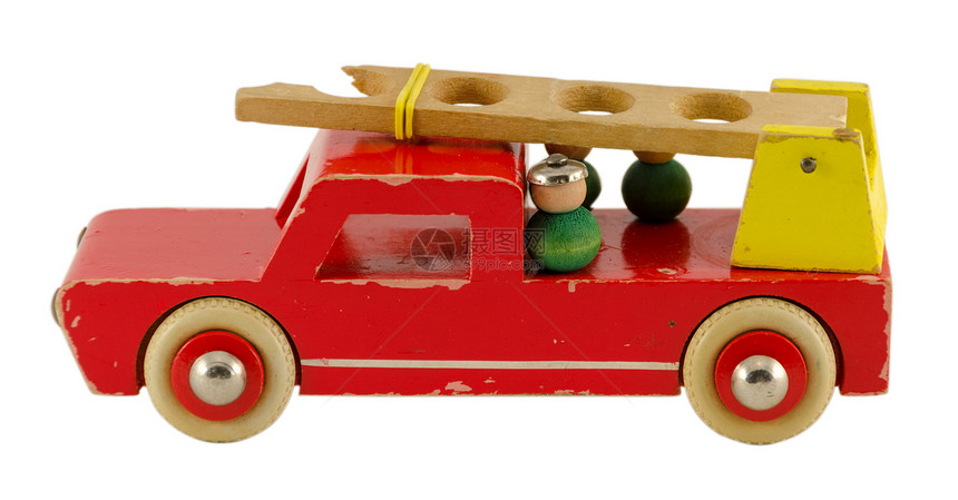 白纸上喷注的古董木制火力发动机玩具图片