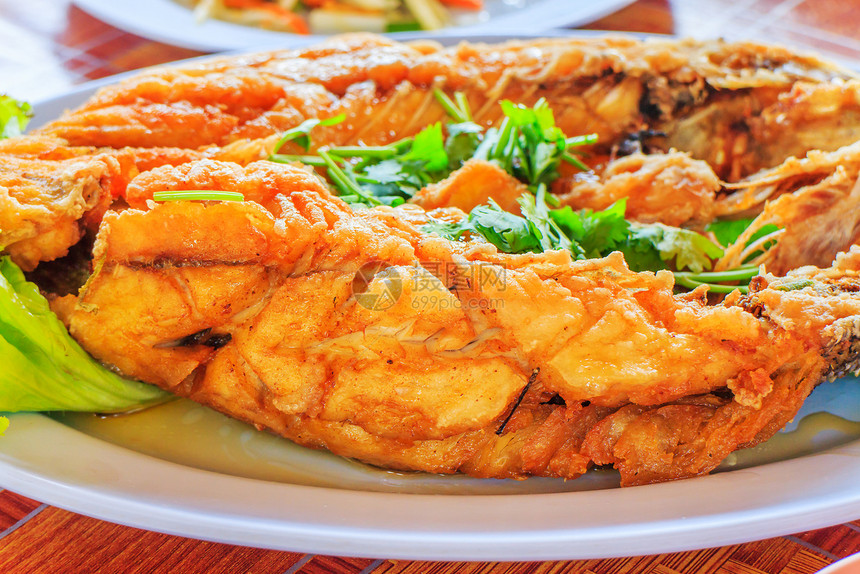 炒鱼餐厅海鲜绿色南瓜油炸叶子盘子烧烤午餐蔬菜图片