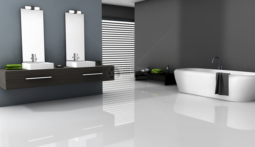 室内卫生间白色黑色房子建筑学家具浴缸放松镜子住宅地面图片