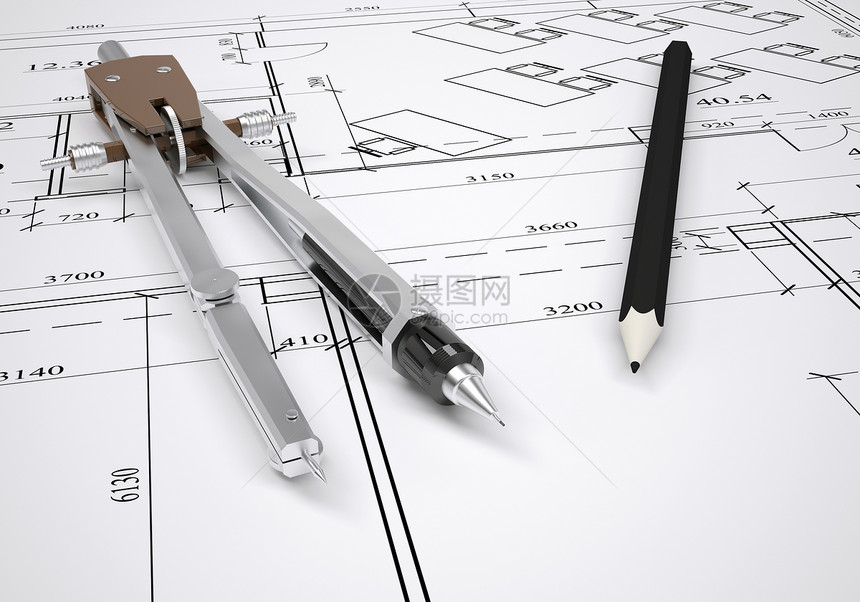 建筑绘图和工程工具文档项目桌面草稿绘画工程师蓝图圆规打印线条图片