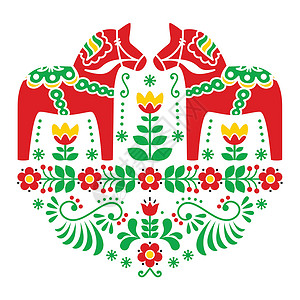 瑞典南部瑞典达拉或戴尔克洛里亚马花花式民间模式插画