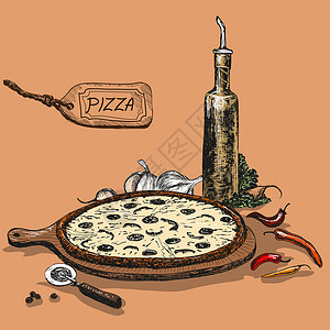 榴莲比萨披萨加大蒜油烹饪草图背景蔬菜菜单插图绘画瓶子面团收藏设计图片