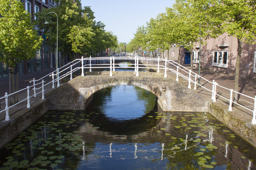 在有反射和树木的运河上的桥梁上天空运河绿色特丹建筑学旅行自行车地标风景历史图片