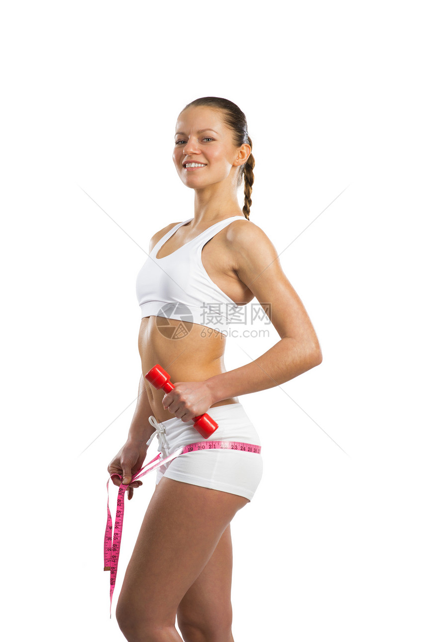 腰部的年轻运动女性哑铃橘皮内衣腹部健身房减肥美丽身体组织数字图片