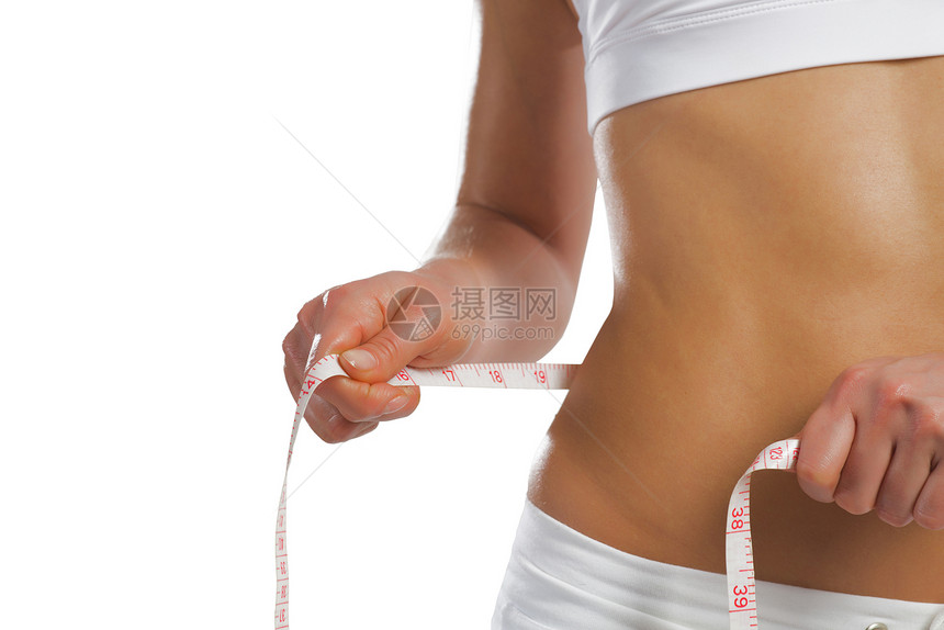 腰部的年轻运动女性组织水果食物健身房减肥女孩重量数字成人营养图片