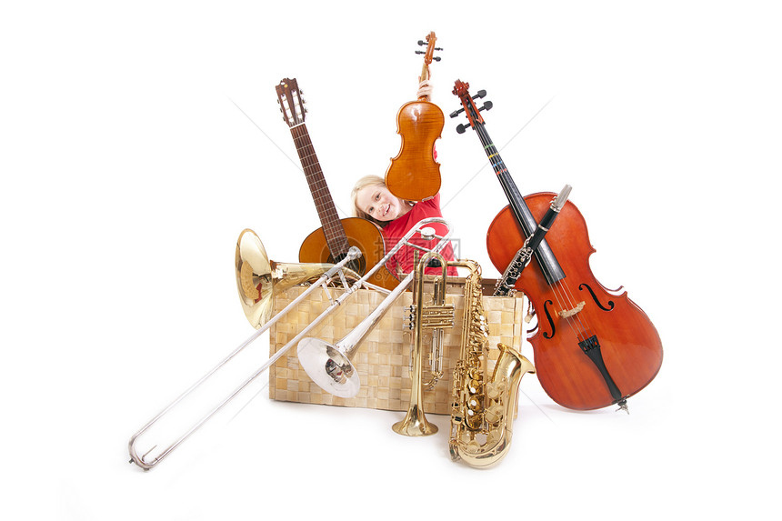 装有乐器的年轻女孩乐队喇叭工作室音乐会音乐家盒子孩子音乐细绳篮子图片