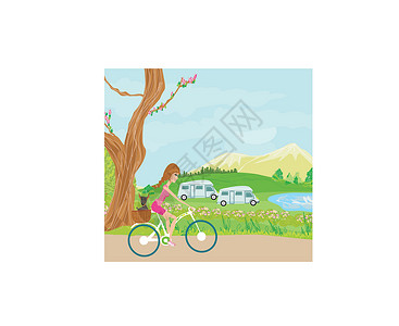 乌拉盖河与可爱女孩一起快乐驾驶自行车运动航程旅游峡湾悬崖大篷车露营者运输海洋房车插画