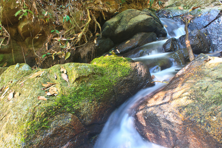 深森林自然瀑布季节运动蓝色风景苔藓岩石环境溪流流动公园图片