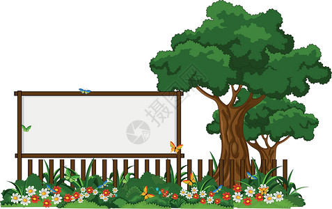 公园标志美丽的花园和各种植物 有空白标志绿色植物天空植物群灌木场景插图蓝色院子栅栏材料插画