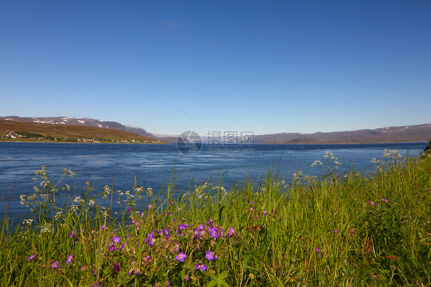 挪威的Fjord环境旅游森林场景岩石生态阳光天空苔原蓝色图片