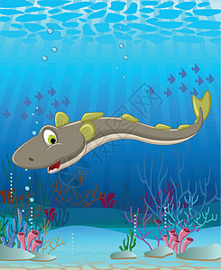 有趣的鲶鱼卡通与海洋生物背景背景图片