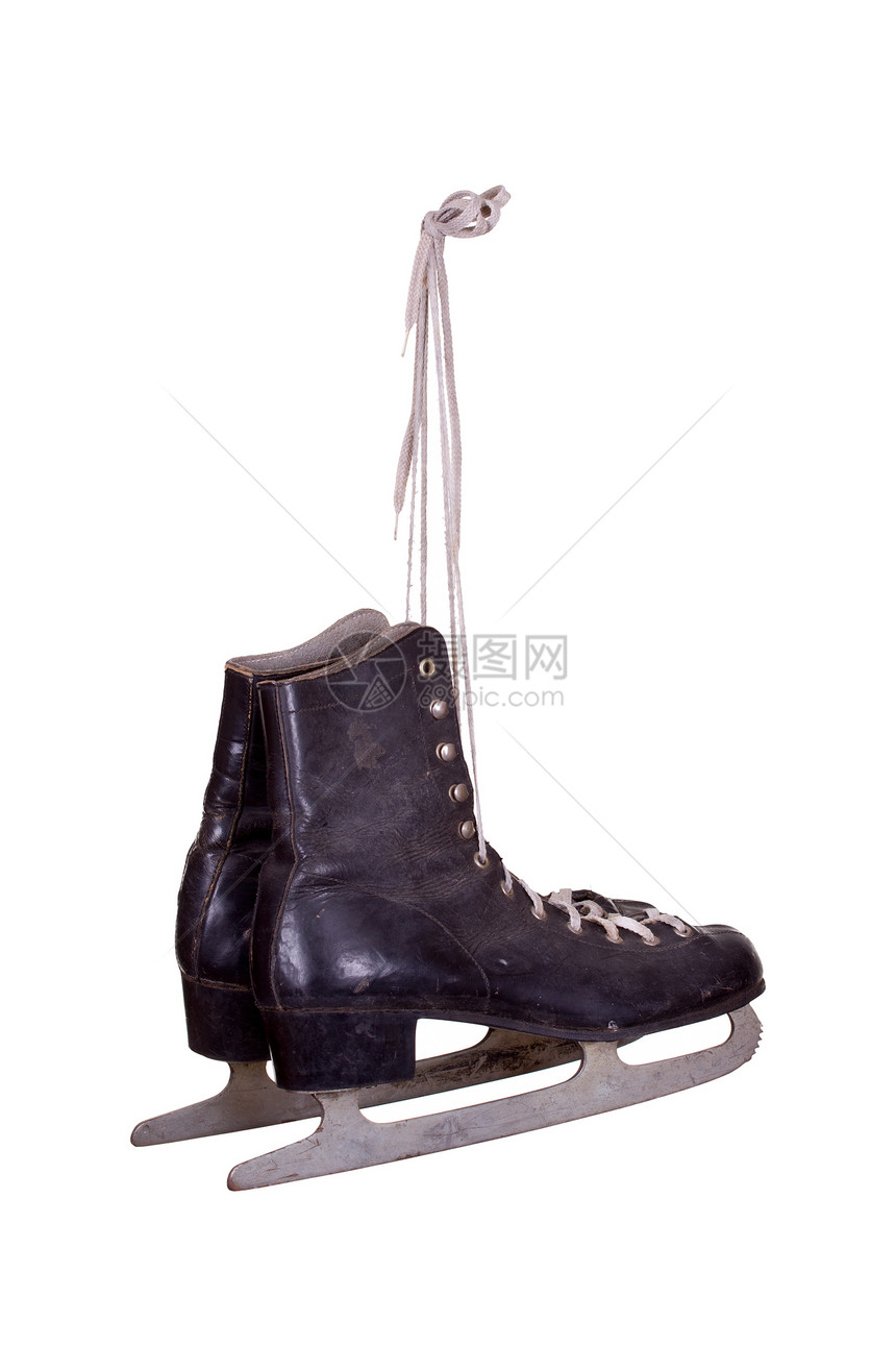 旧黑冰鞋团队黑色乡村蕾丝金属谷仓溜冰场皮革滑冰靴子图片