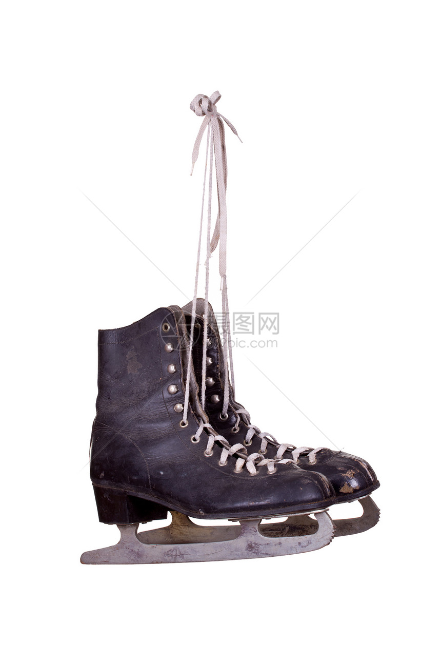 旧黑冰鞋乡村竞赛鞋带溜冰场团队金属靴子曲棍球白色谷仓图片