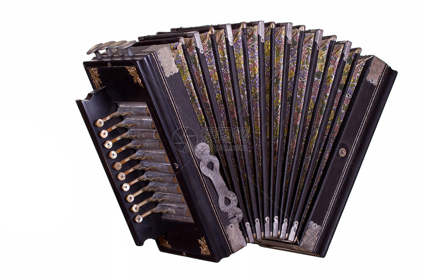 古老的手风琴白色文化尘土乐器古董钥匙艺术民间旋律口琴图片