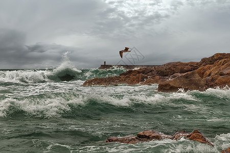 气旋风暴风暴港旅行海浪海景码头火花流动鸟类岩石堡垒支撑背景
