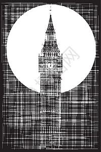 英国国会大厦大笨钟垃圾背景黑与白地标建筑钟楼插画