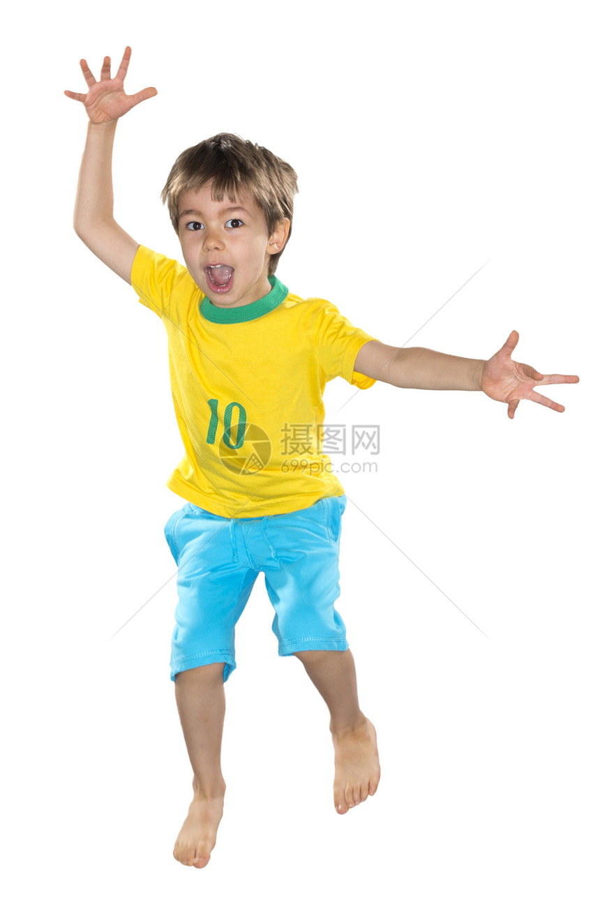 巴西男孩 跳跃 黄色和蓝色联盟跳高活动衬衫肌肉地球运动竞赛足球世界图片