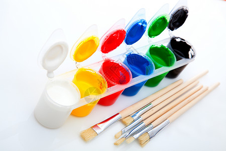 背景目录素材白色背景的油漆和刷子艺术水桶工具水粉风格装潢帆布水彩画笔绘画背景