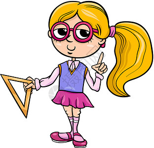 小学女生卡通插图快乐微笑马尾辫漫画吉祥物三角板卡通片学校孩子们女孩背景图片
