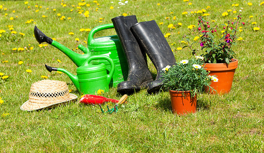 园艺工具和草帽 在花园的草地上晴天花坛家务荣耀雏菊花盆家庭植物工作篮子背景图片