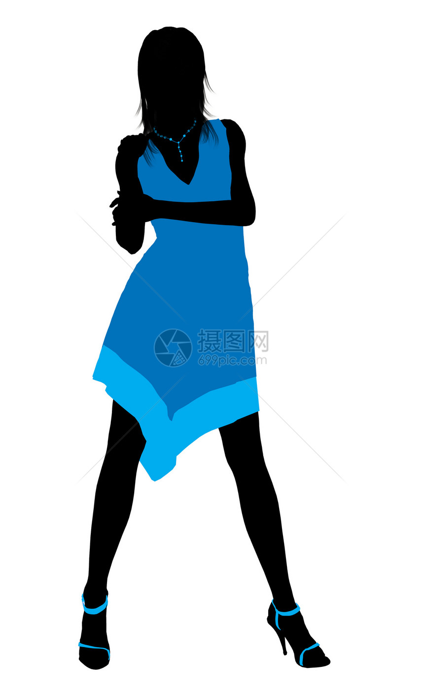 时装女性说明  轮光高跟鞋女士黑色裙子剪影棕色项链插图蓝色图片
