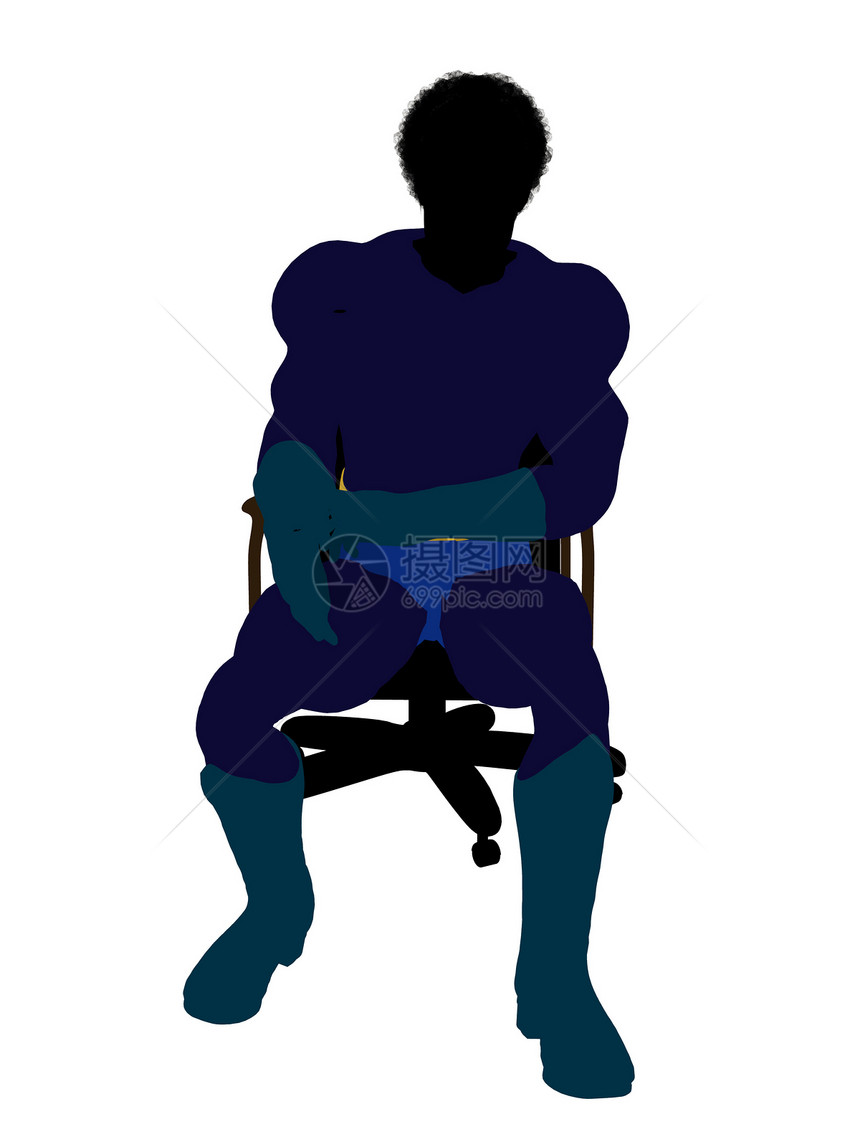 非洲裔美国人男性超级英雄坐在主席席上说明Silhouette男人椅子漫画艺术男生对手恶棍连环剪影插图图片