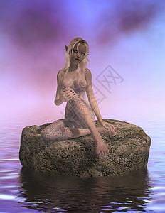 锡尔恩坐在一块岩石上树妖艺术仙女插图小精灵香蒲海洋魔法师人心美味背景
