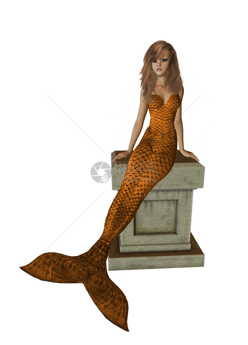 橙子美人鱼坐在祭坛上美味海王星仙女女神美人鱼警笛身体石头若虫人心图片