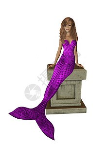 紫色美人鱼坐在祭坛上石头女神身体海王星若虫岩石人心警笛仙女精灵背景图片