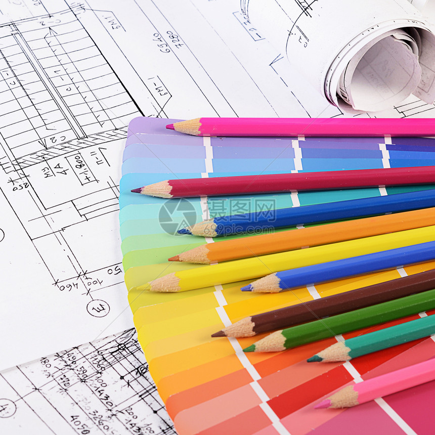 配有色调调色调的房屋项目工作文档收藏草稿调色板设计师承包商建设者建筑师带子图片