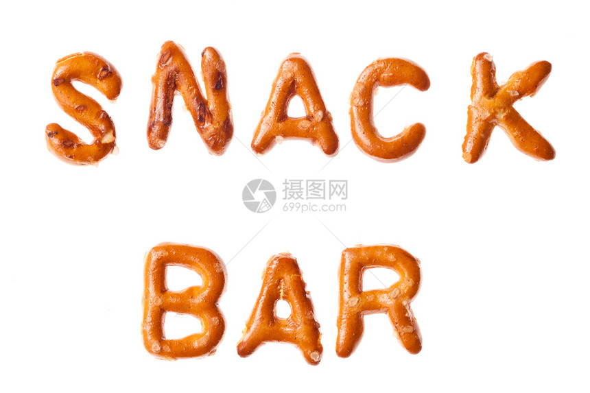 SNACK BAR 孤立的字母拼法 pretzel 书面单词图片