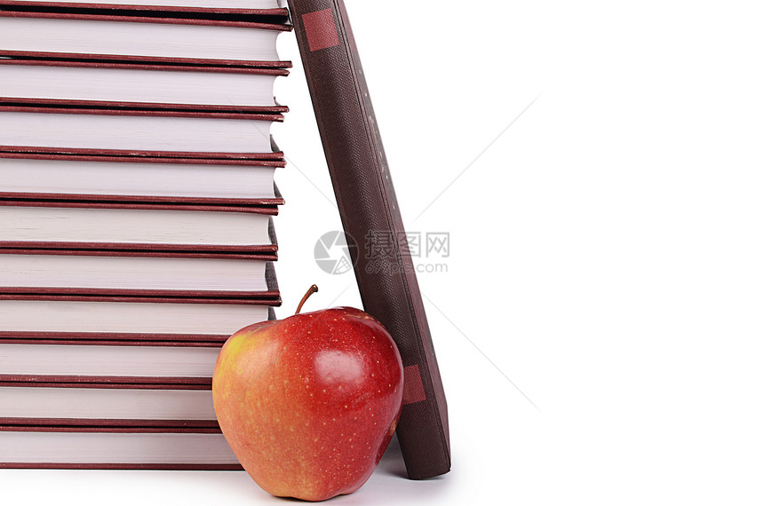 白纸上孤立苹果的书白色学习大学知识智慧水果图书馆收藏文档教科书图片