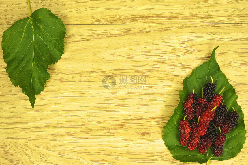 左上和右下两端树叶上的红色黑莓图片