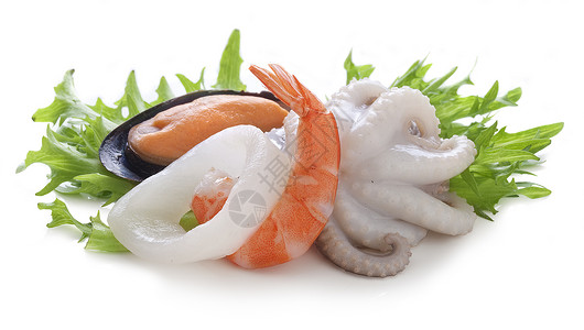 海鸡尾酒海鲜动物绿色戒指生产橙子甲壳乌贼魔鬼鱼食物背景图片