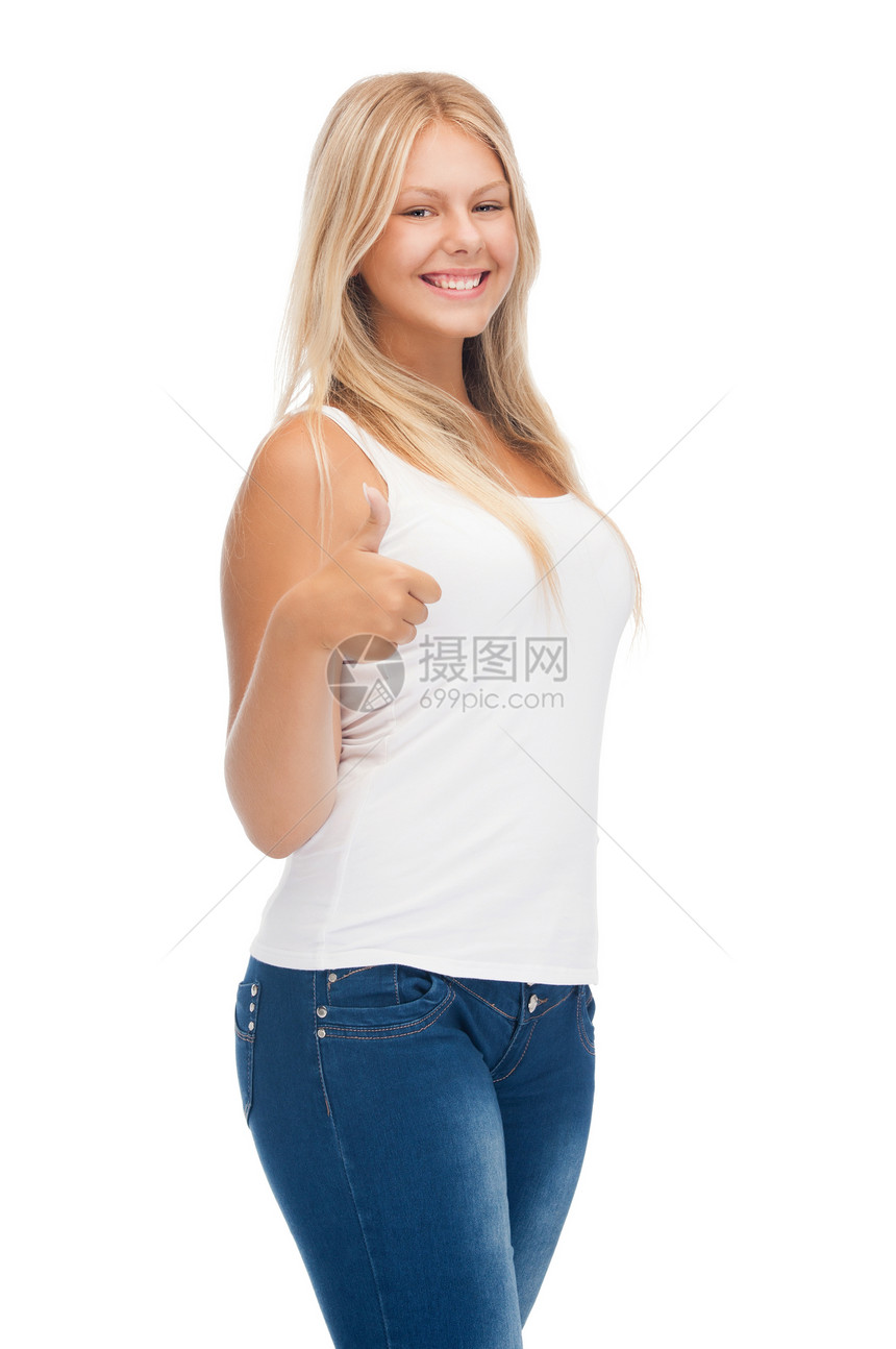 穿着白白白色短袖圆领汗衫的少女手指衬衫青年学生微笑重量快乐女士手势肥胖图片