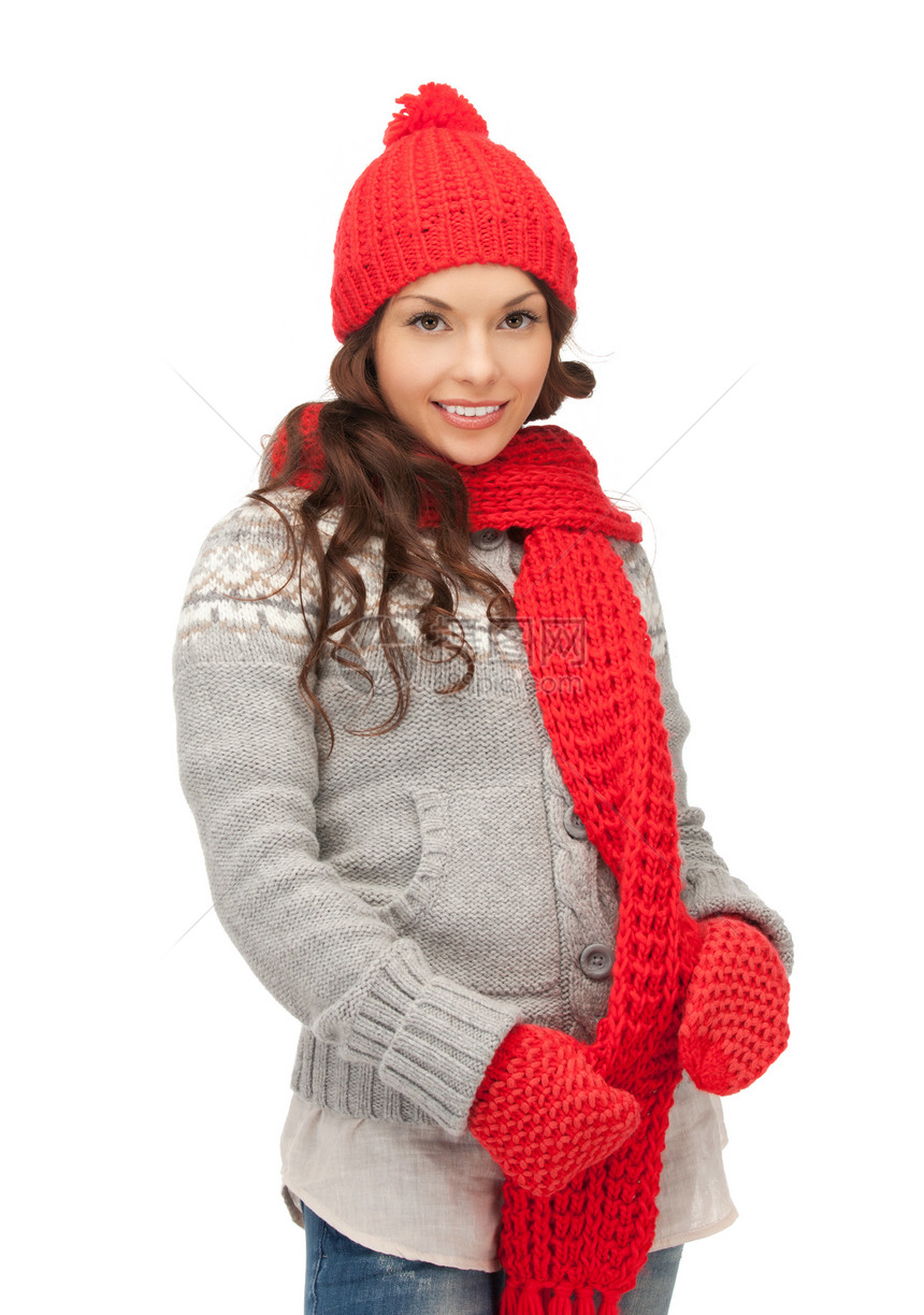 穿着帽子 毛衣和手套的美女女性羊毛衣服微笑围巾女孩成人快乐季节福利图片