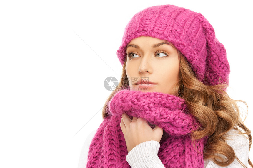 戴冬帽的美女成人福利季节幸福帽子女孩女性棉被围巾衣服图片