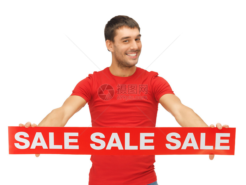 有售卖牌的帅帅男绅士快乐男性顾客零售白色折扣红色学生销售图片