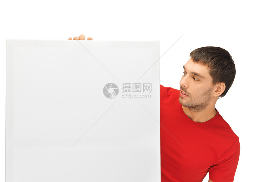 长着大白板的帅帅哥白色广告牌横幅红色学生男性推介会衬衫伙计商业图片