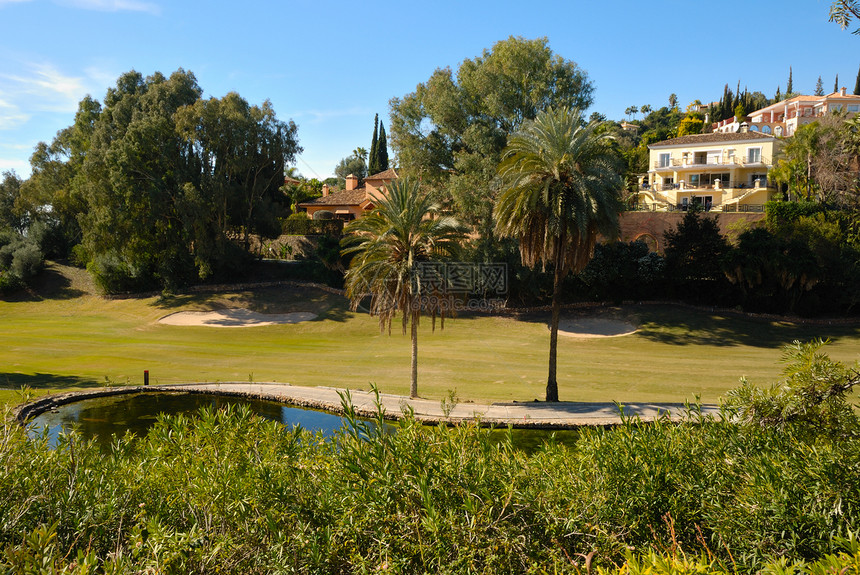高尔夫球场房屋掩体球道课程爱好树木别墅棕榈植被图片